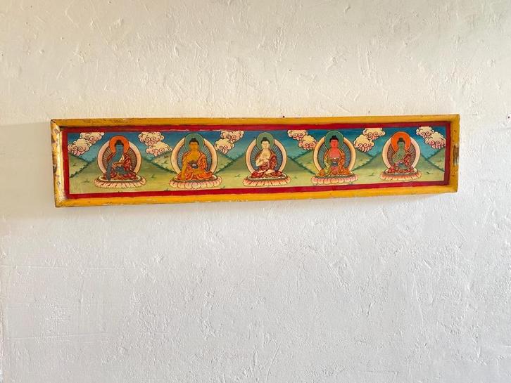 Handbeschilderd Nepalees schilderij - De vijf Dhyani Boeddha, Huis en Inrichting, Woonaccessoires | Boeddhabeelden, Ophalen