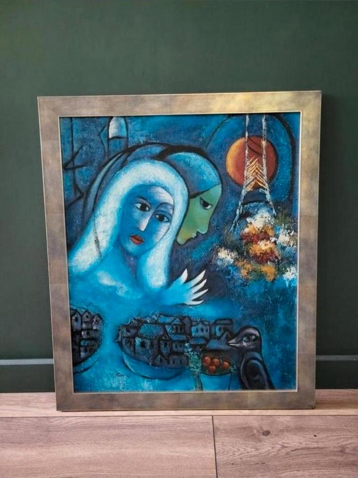 Sfeervol schilderij in Chagall stijl. Zilver, blauw, vrouwen, Antiek en Kunst, Kunst | Schilderijen | Abstract, Ophalen