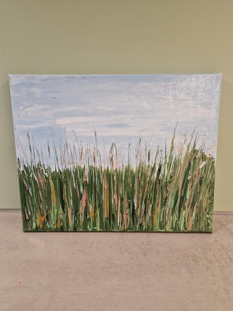 Klein schilderij - Graslandschap 24x30 cm, Ophalen of Verzenden