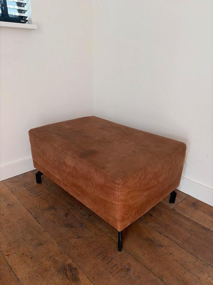 Cognac leren hocker - 94x65x44 cm, Huis en Inrichting, Banken | Voetenbanken en Poefen, Gebruikt, 75 tot 100 cm, Rechthoekig, Leer