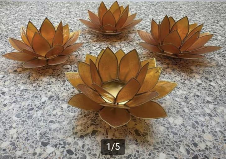 4 x Lotus sfeerlicht oranje goudrand groot, Huis en Inrichting, Woonaccessoires | Kandelaars en Kaarsen, Nieuw, Minder dan 25 cm