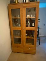 Teakhouten vitrinekast met lade, Ophalen, Gebruikt, 100 tot 150 cm, Glas