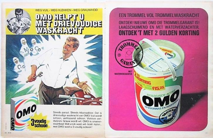 38 vintage reclames Omo wasmiddel 1957-77 wasmiddels was, Verzamelen, Merken en Reclamevoorwerpen, Gebruikt, Reclamebord, Verzenden