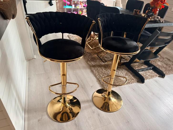2 Nieuwe Luxe Barkrukken - Zwart/Goud, Huis en Inrichting, Barkrukken, Nieuw, 60 tot 90 cm, Metaal, 2 krukken, In hoogte verstelbaar
