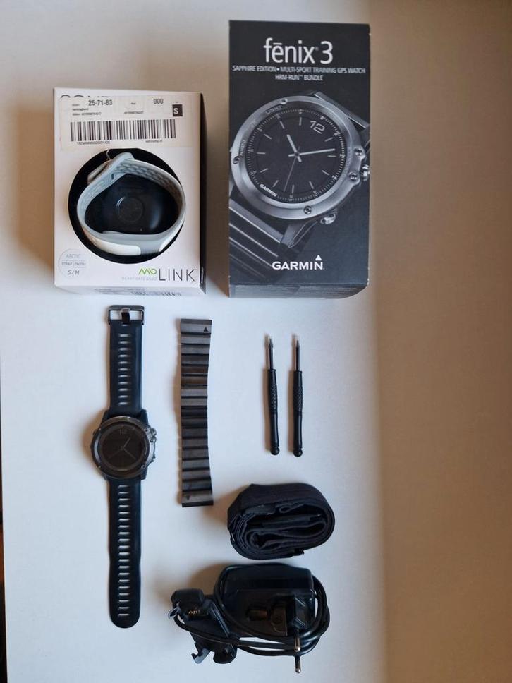 Garmin Fenix 3 Sapphire + HR Band + Gunmetal polsband, Sieraden, Tassen en Uiterlijk, Sporthorloges, Gebruikt, Grijs, Afstand