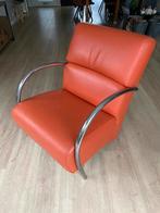 Oranje leren fauteuil met chromen armleuningen, Gebruikt, Leer, 75 tot 100 cm, Ophalen