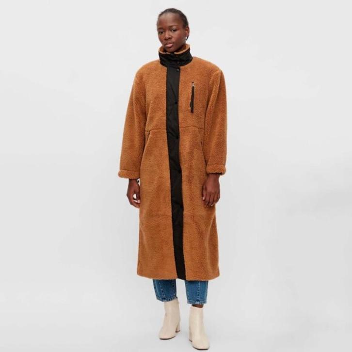 Object Bruine Lange Teddy Jas Met Rits En Knopen Maat 42, Kleding | Dames, Jassen | Winter, Nieuw, Maat 42/44 (L), Bruin, Verzenden