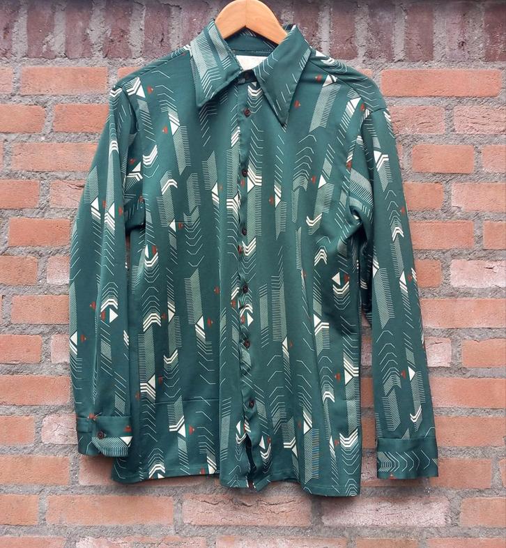 REAL VINTAGE 70's Donker groene blouse Geometrische print L, Kleding | Heren, Overhemden, Gedragen, Groen, Ophalen of Verzenden