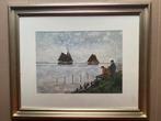 Aquarel van vissersschepen en vissers aan de wal, Ophalen of Verzenden