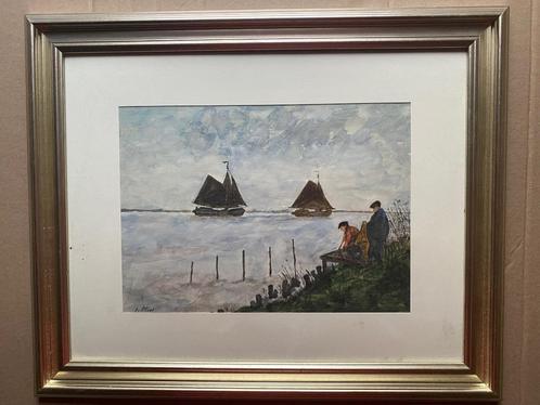 Aquarel van vissersschepen en vissers aan de wal, Antiek en Kunst, Kunst | Schilderijen | Klassiek, Ophalen of Verzenden