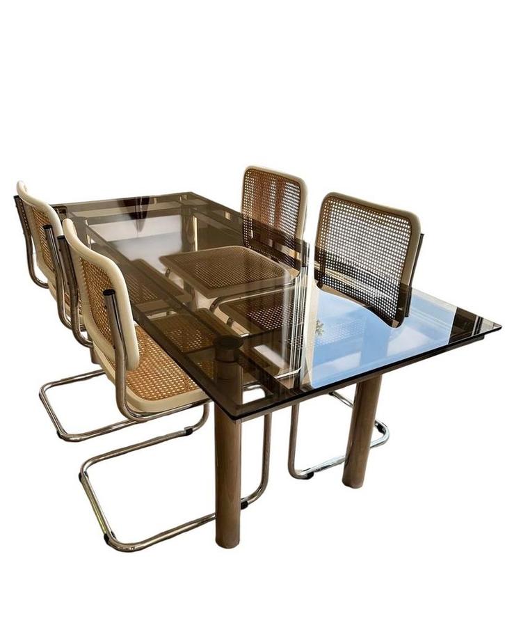 Gavina / Knoll vintage chromen eettafel met smoked glass, Huis en Inrichting, Tafels | Eettafels, Zo goed als nieuw, 50 tot 100 cm