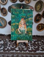 Oud olieverf schilderijtje olieverfschilderij met meisje E82, Ophalen of Verzenden