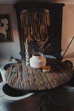 Industriele ronde tafel, wagondelenhout!, Huis en Inrichting, Tafels | Eettafels, Gebruikt, Rond, Vier personen, Overige houtsoorten