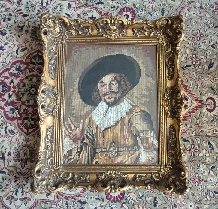 De vrolijke drinker Frans Hals ingelijst borduurwerk, ca '50, Antiek en Kunst, Curiosa en Brocante, Ophalen