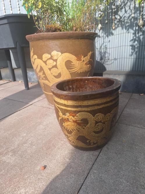 2 aardewerken bloempotten/ waterpotten Ryu Mizubachi, Tuin en Terras, Bloempotten, Gebruikt, 25 tot 40 cm, Rond, Ophalen