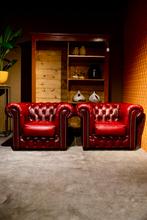 Set Chesterfield Clubfauteuils antiekrood Leer, Gebruikt, Klassiek Engels Chique, Ophalen of Verzenden, 75 tot 100 cm