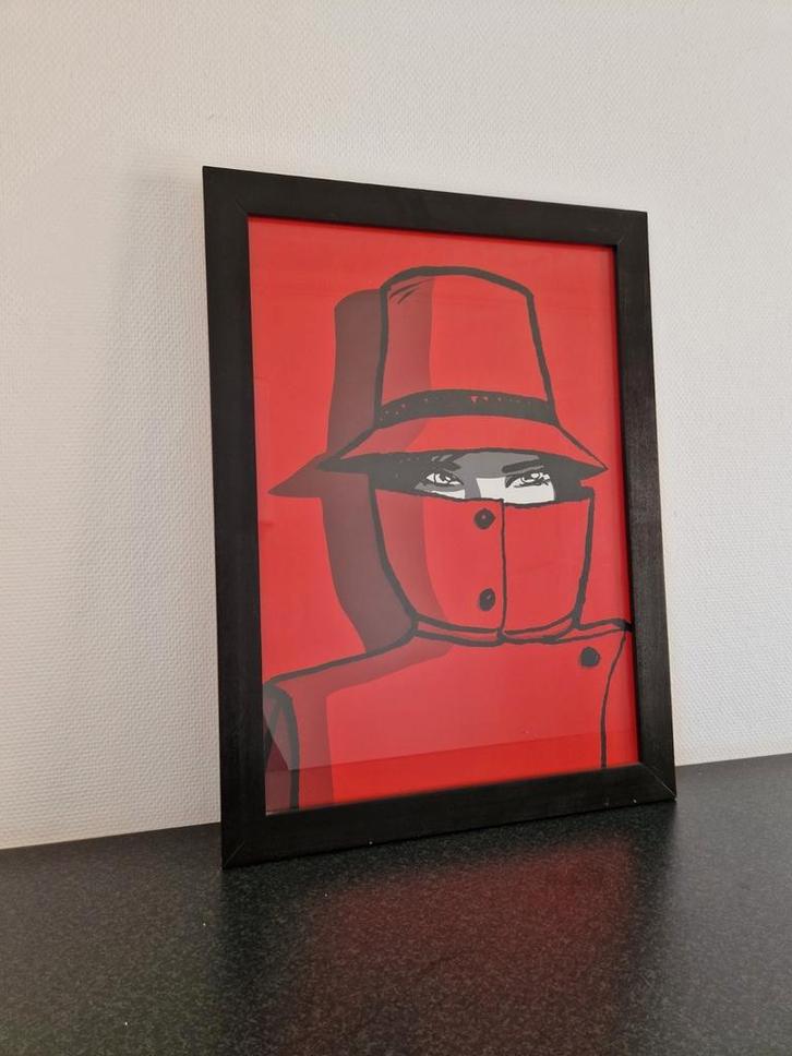 Grote Franckie Alacron vrouw in rode regenjas pop art icon, Antiek en Kunst, Kunst | Schilderijen | Modern, Ophalen of Verzenden