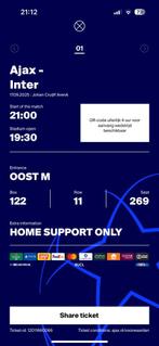 Ajax - Inter Milan ticket vak 122, Tickets en Kaartjes, Eén persoon