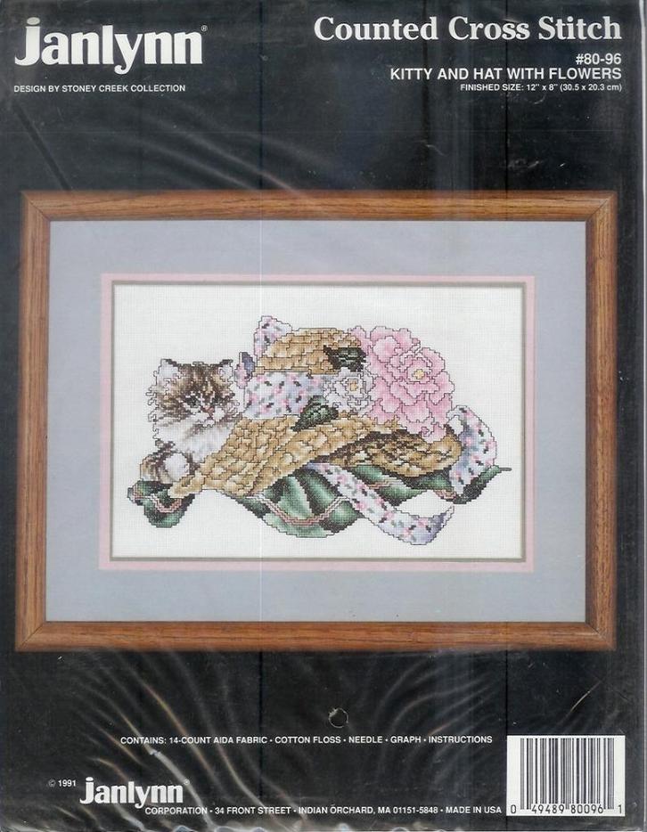 Cado janlynn borduurpakket kitty and hat with flowers, Hobby en Vrije tijd, Borduren en Borduurmachines, Nieuw, Borduurpakket