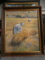 Te koop olieverf schilderij van het oogsten van graan, Antiek en Kunst, Kunst | Schilderijen | Klassiek, Ophalen of Verzenden