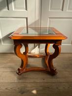 Bijzettafel massief hout met glazen inleg in het blad, Ophalen, Gebruikt, Hout