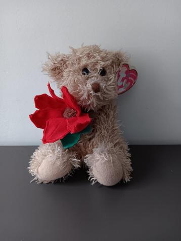 TY Beanie Baby beer met rode bloem – 14 cm beschikbaar voor biedingen