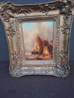 Oud Schilderij Havenstad in Vergulde Lijst, Ophalen of Verzenden