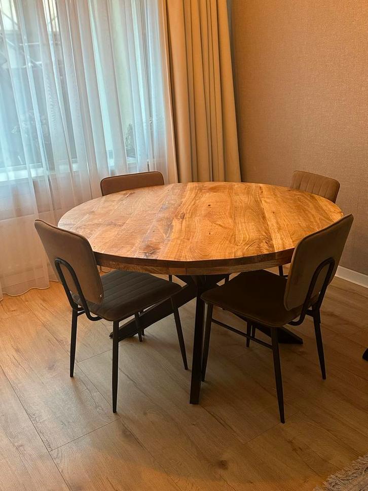 Mangohouten tafel + 4 BRIX stoelen (mokka), Huis en Inrichting, Stoelen, Gebruikt, Vier, Hout, Bruin, Ophalen of Verzenden