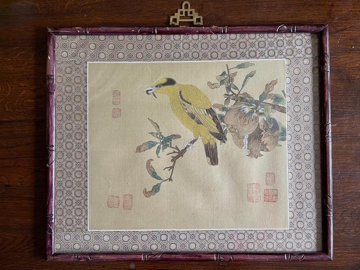 Chinees schilderij van op zijde geschilderde vogel, Antiek en Kunst, Kunst | Schilderijen | Klassiek, Ophalen of Verzenden