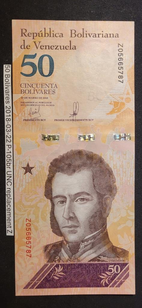 Venezuela 50 Bolívares 2018 P105br UNC Replacement, Ophalen of Verzenden, Zuid-Amerika, Los biljet