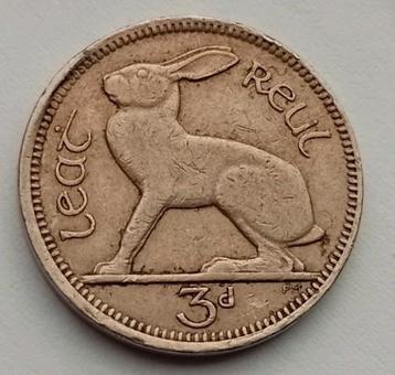 3 Pence 1943 Ierland Oude Munt Tweede Wereldoorlog Haas WO2 beschikbaar voor biedingen