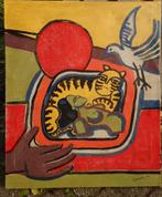 1962 Ginger kat, vogel en hand, olieverf op doek gesigneerd, Antiek en Kunst, Kunst | Schilderijen | Klassiek, Ophalen of Verzenden