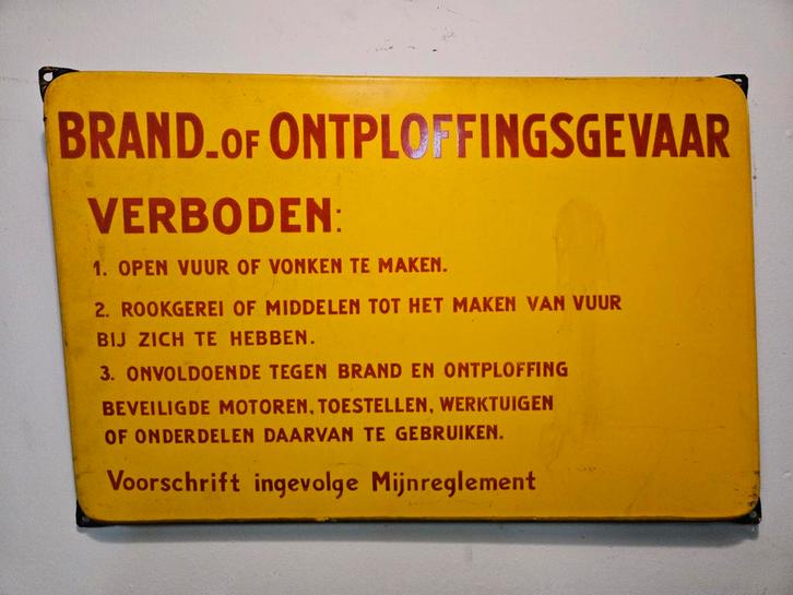 Emaille bord Brand/Ontploffingsgevaar - Mijnreglement, Antiek en Kunst, Antiek | Wandborden en Tegels, Ophalen