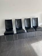 Bert Plantagie - 4 zwarte leren stoelen met RVS poten, Ophalen, Gebruikt, Zwart, Leer