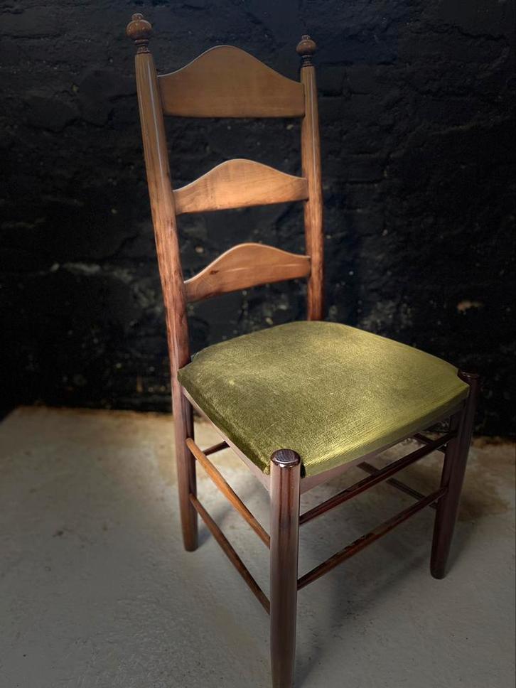 Set 6 (!) Vintage antieke ladderstoelen groen velvet zitting, Huis en Inrichting, Stoelen, Gebruikt, Vijf, Zes of meer stoelen