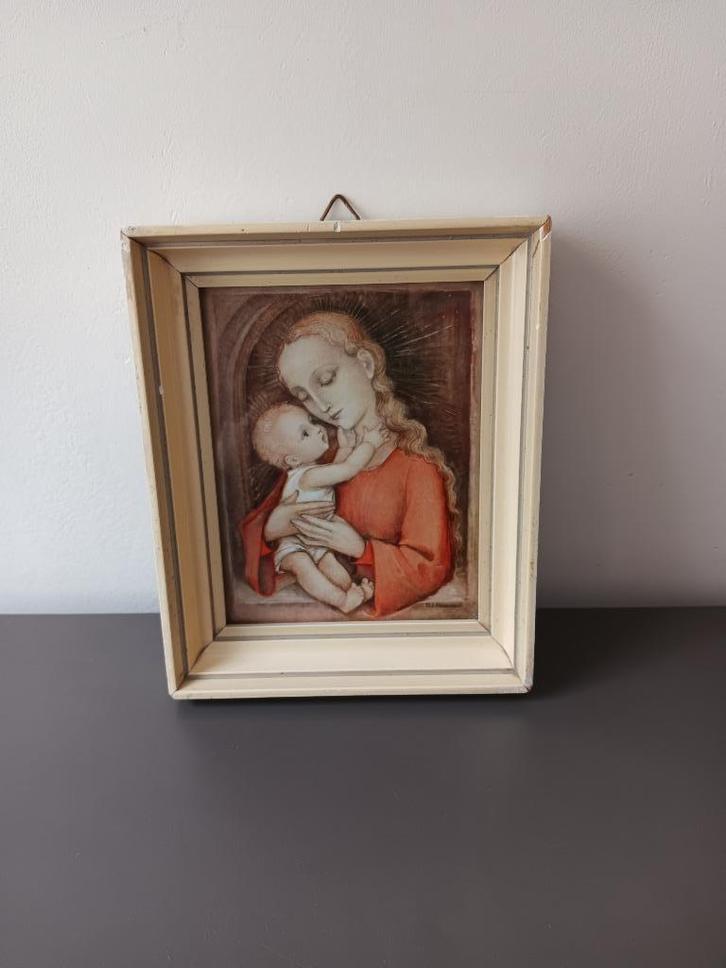 Religieus schilderij Madonna met kind in houten lijst, Verzamelen, Religie, Gebruikt, Christendom | Katholiek, Kaart of Prent