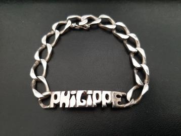 zilveren schakelarmband, lengte 18 cm, naam Philippe.  met v beschikbaar voor biedingen