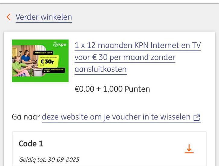 KPN Internet 30€ per maand abonnementscode, Tickets en Kaartjes, Kortingen en Cadeaubonnen, Eén persoon, Cadeaubon