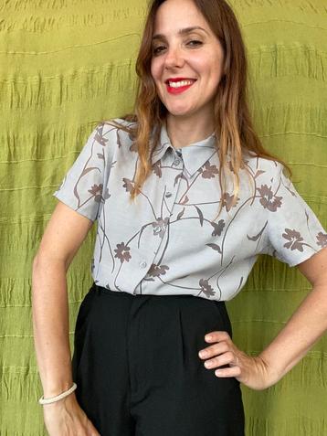 Vintage blouse / shirt - bloemenprint - grijs - 40/L/large beschikbaar voor biedingen