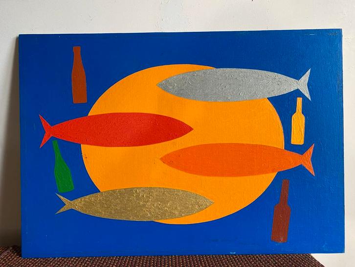 Stilleven met flessen en vissen, Bruno Dunst, 2012, Antiek en Kunst, Kunst | Schilderijen | Modern, Ophalen of Verzenden