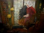 Olieverf Schilderij VROUW BIJ KACHEL oud 38x33 cm op doek, Antiek en Kunst, Ophalen of Verzenden
