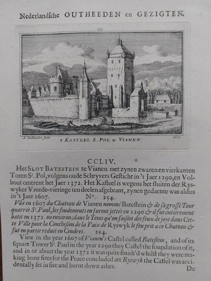 254 / Kasteel S. Pol Vianen Gravure A. Rademaker 1e druk, Antiek en Kunst, Kunst | Etsen en Gravures, Ophalen of Verzenden