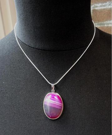 925 Zilver slangenketting met roze agaat edelsteen hanger   beschikbaar voor biedingen