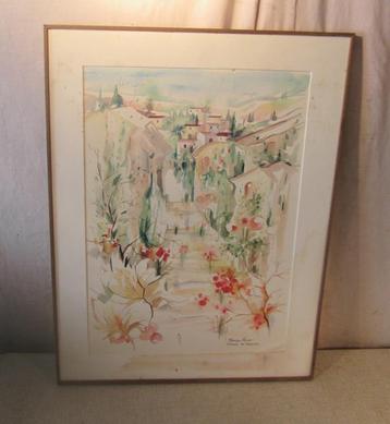 Mooi Geschilderd Aquarel 'Zuiders Dorpje' - Monique Raise beschikbaar voor biedingen