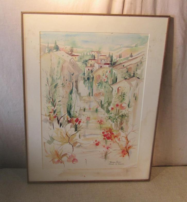 Mooi Geschilderd Aquarel 'Zuiders Dorpje' - Monique Raise, Antiek en Kunst, Kunst | Schilderijen | Klassiek, Ophalen of Verzenden