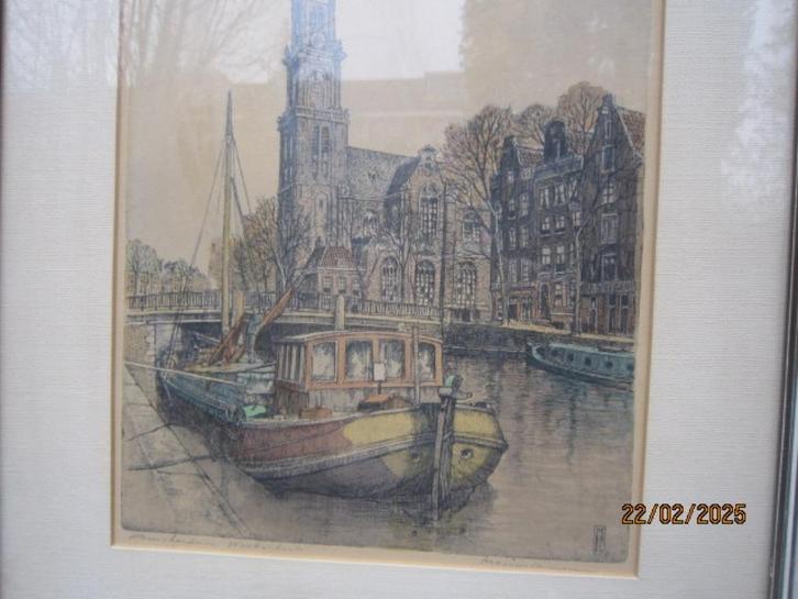 AMSTERDAM, Mooie kleurets Westertoren en omgeving JANSSEN, Antiek en Kunst, Kunst | Etsen en Gravures, Ophalen of Verzenden
