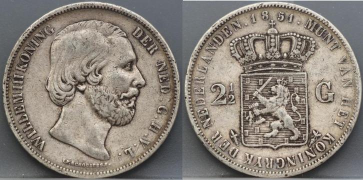 Zilveren rijksdaalder 1851 - 2 1/2 gulden 1851 - Willem 3, Postzegels en Munten, Munten | Nederland, Losse munt, 2½ gulden, Koning Willem III