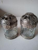 2  POTTEN MET CRAQUELE  GLAS  EN VERZILVERDE  DEKSELS, Antiek en Kunst, Antiek | Glas en Kristal, Ophalen