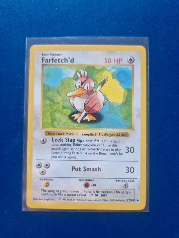Pokemon Farfetch'd shadowless base set kaart, Hobby en Vrije tijd, Verzamelkaartspellen | Pokémon, Zo goed als nieuw, Losse kaart