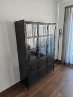 Zwart stalen industriële buffetkast, vitrine/vakkenkast, Ophalen, 100 tot 150 cm, Glas, 25 tot 50 cm